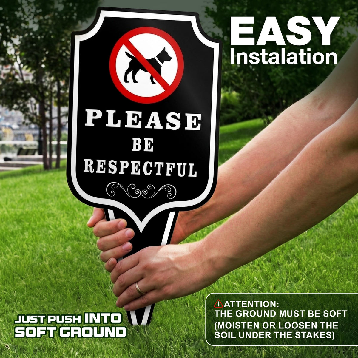 DIMARONGTON Please Be Respectful Dog Sign 2 Pack dibond material close-up, durable outdoor signage.
