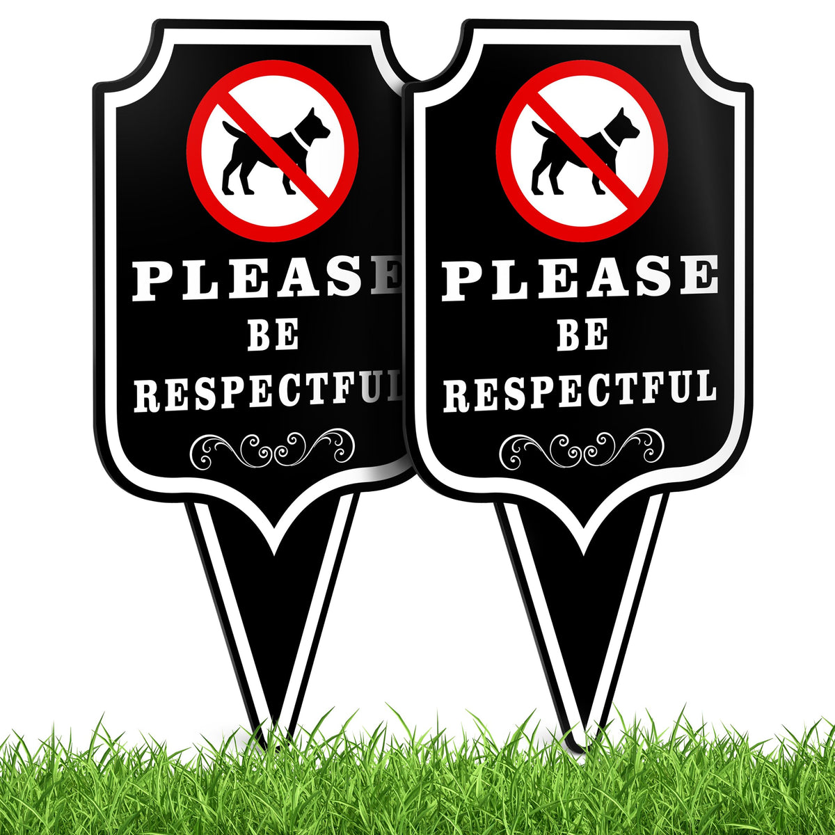 DIMARONGTON Please Be Respectful Dog Sign 2 Pack front view, double-sided visibility for yard boundaries.
