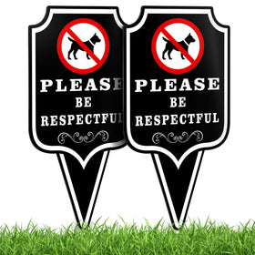 DIMARONGTON Please Be Respectful Dog Sign 2 Pack front view, double-sided visibility for yard boundaries.