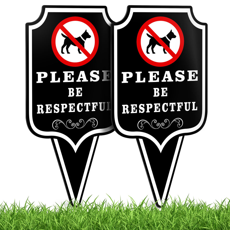 DIMARONGTON Please Be Respectful Dog Sign 2 Pack front view, double-sided visibility for yard boundaries.
