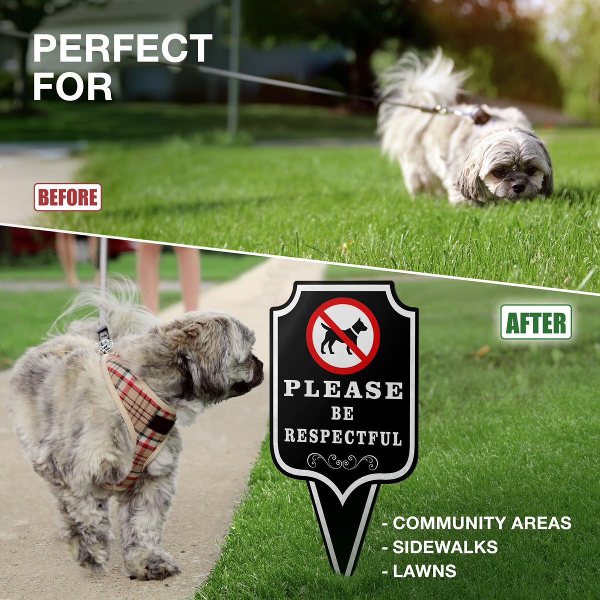 DIMARONGTON Please Be Respectful Dog Sign 2 Pack package display, ready-to-install curb signage.