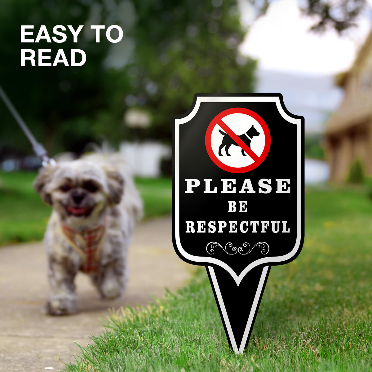 DIMARONGTON Please Be Respectful Dog Sign 2 Pack yard scene, grass areas marked for pet-free zones.