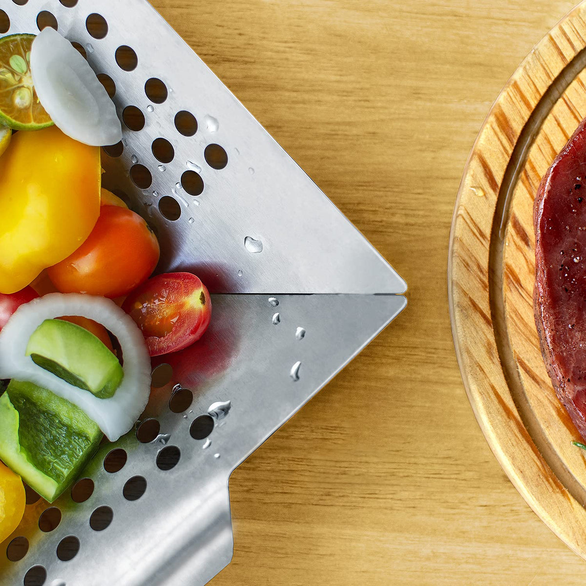 DIMESHY stainless steel basket on grill emphasizes durability and long-lasting use