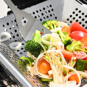 DIMESHY stainless steel grill basket side view highlights sturdy construction
