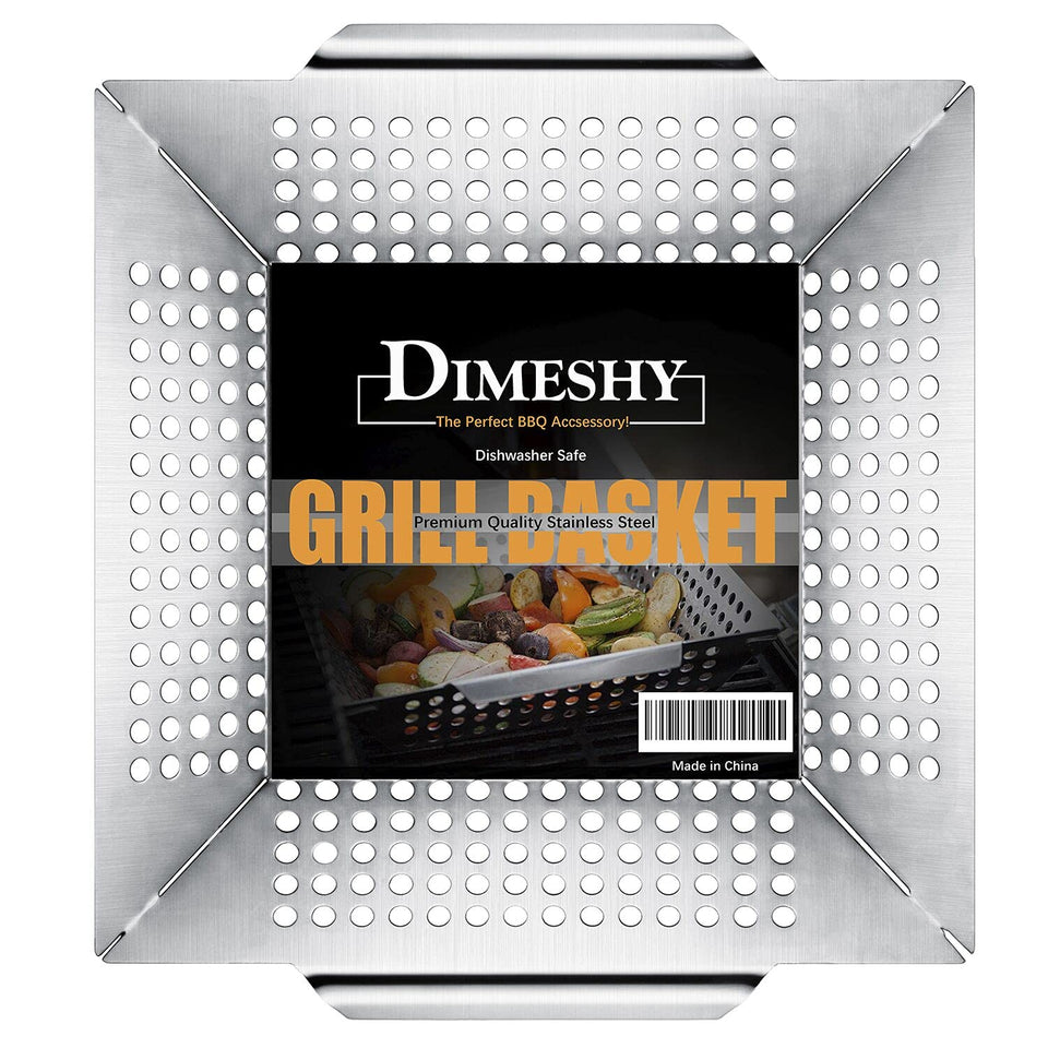 DIMESHY stainless steel grill basket top view shows 12-inch width for even cooking