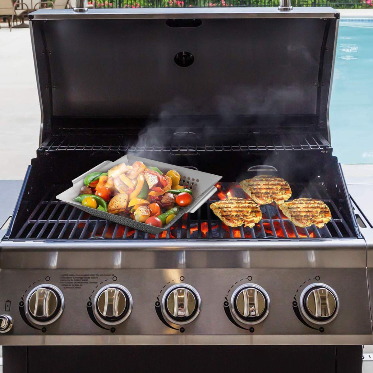DIMESHY grill basket with kabobs on grill for easy rotation and even cooking