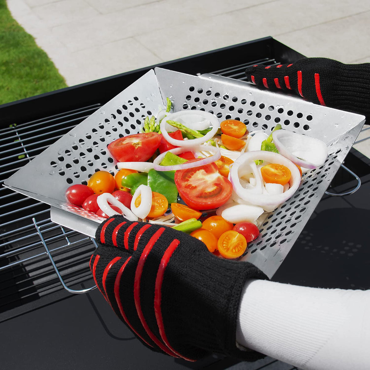 DIMESHY grill basket with shrimp on grill illustrating secure hold of small pieces