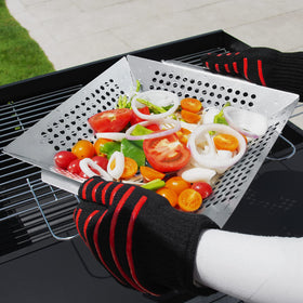 DIMESHY grill basket with shrimp on grill illustrating secure hold of small pieces