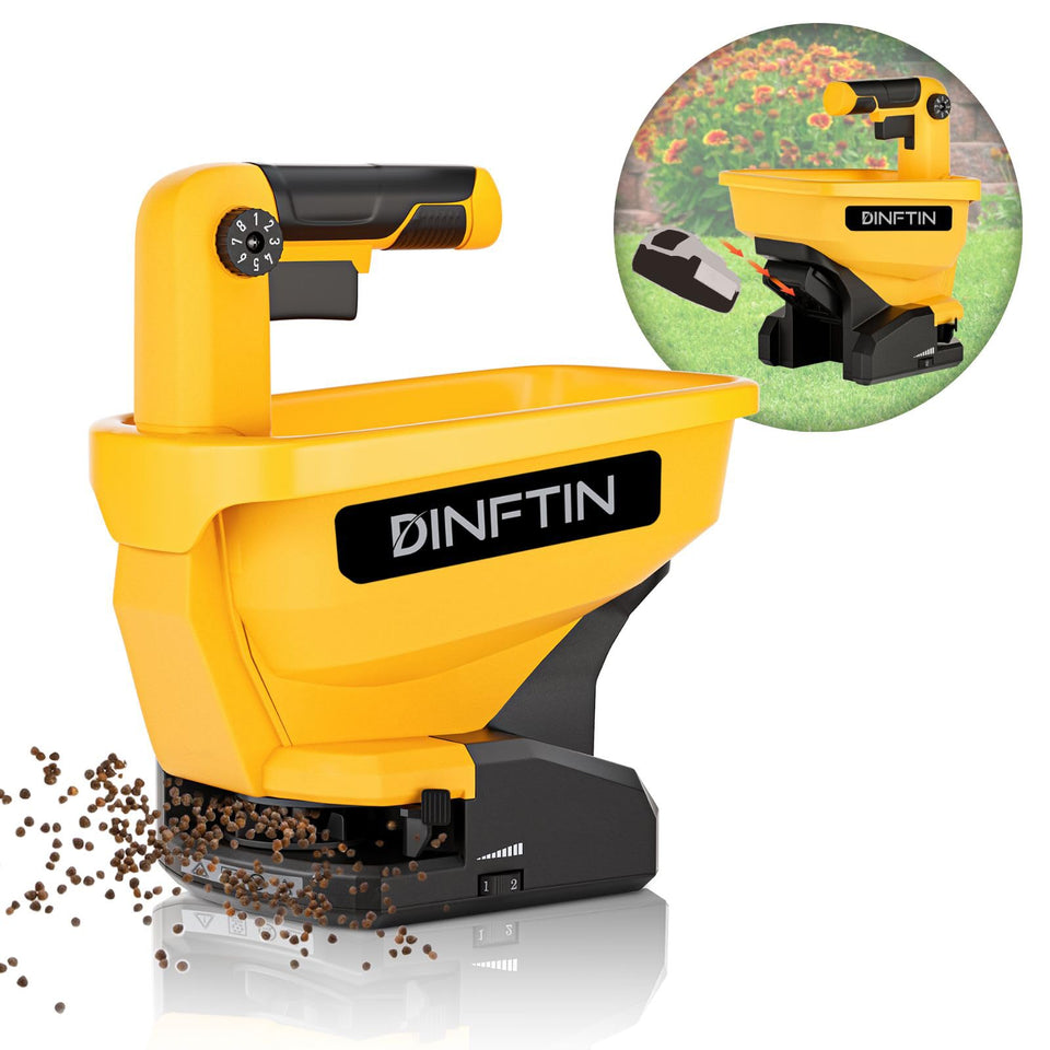 Dinftin battery-powered spreader in handheld use showing portability and control.