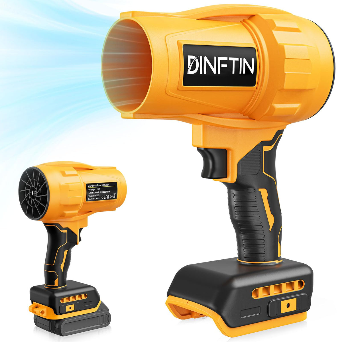 Dinftin brushless cordless leaf blower in turbo speed mode for quick yard cleanup.
