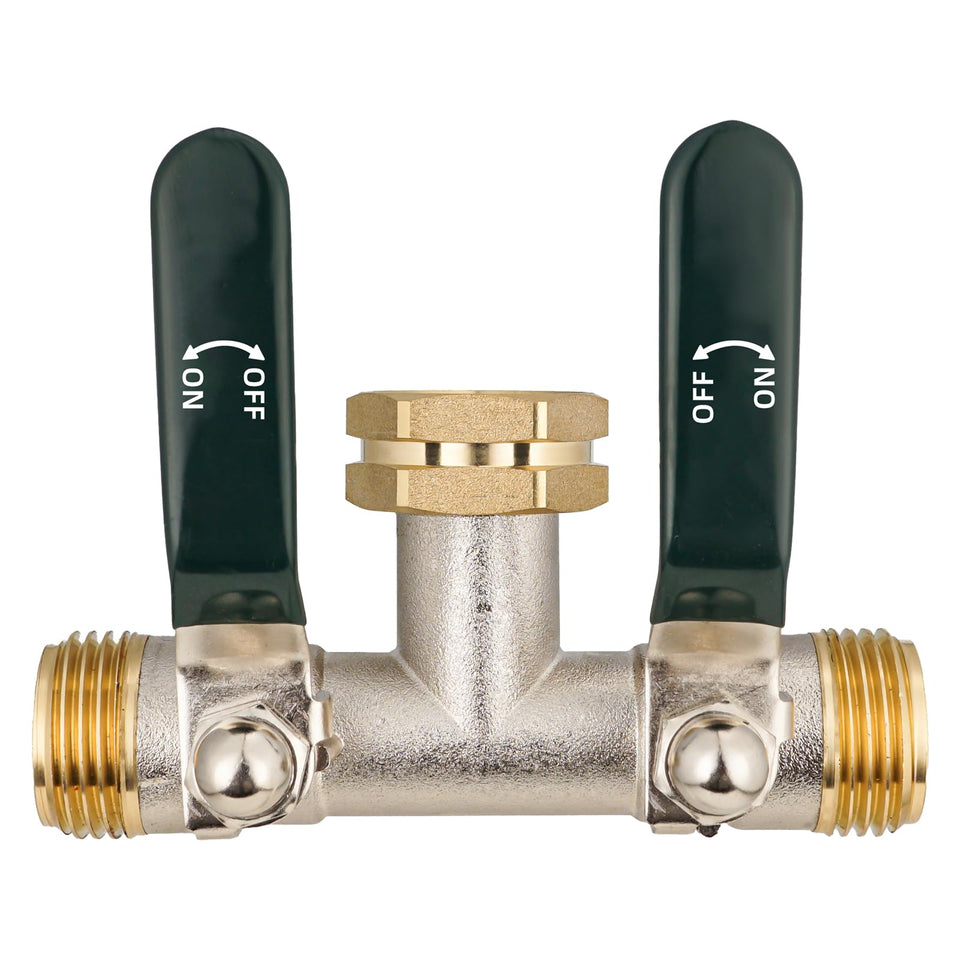 DINGBAI brass two-way hose splitter enables simultaneous watering.