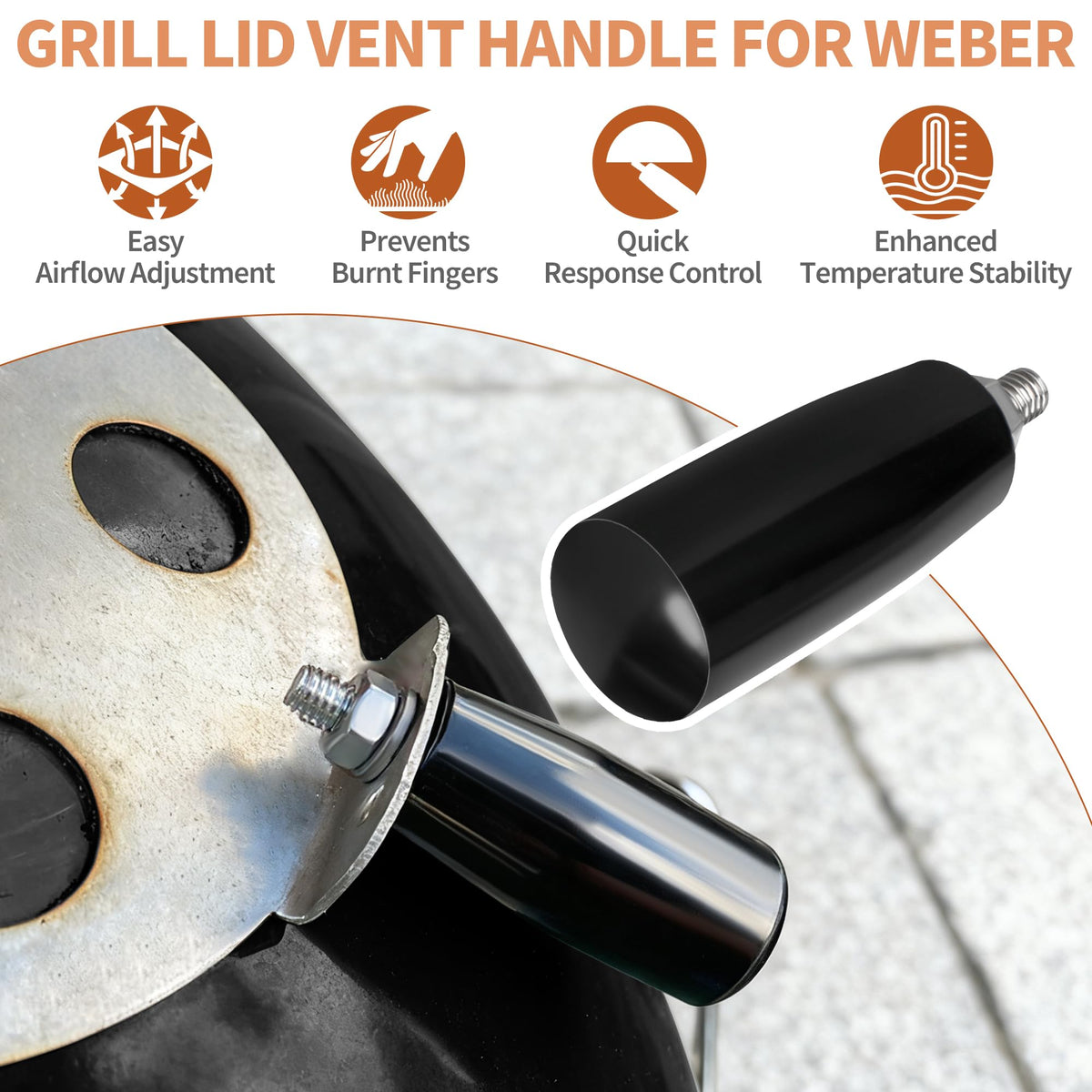 Dinlon cool touch damper handle on Weber kettle vent aids smooth temperature adjustment
