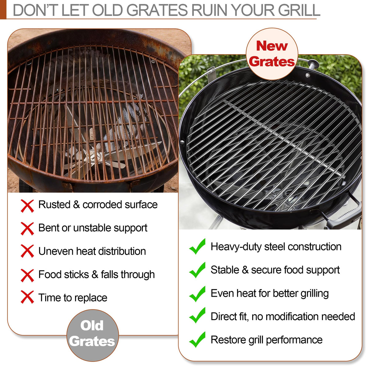Dinlon heavy-duty steel grates resist warping during high-heat grilling