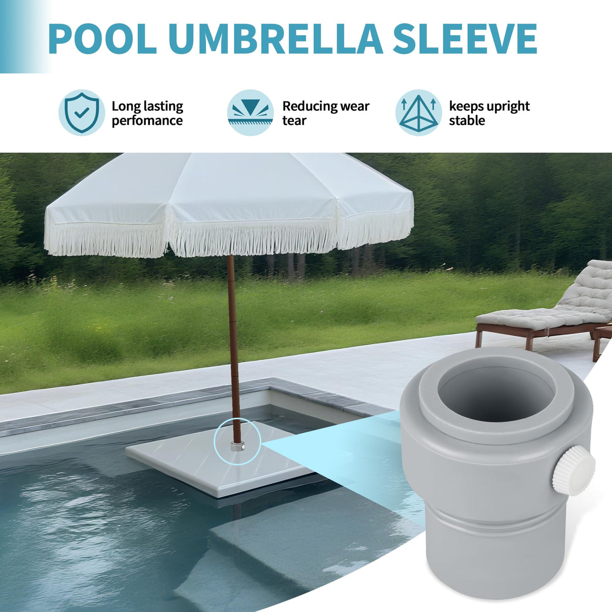 Dinlon inside pool assembly shows a secure, tool-free installation for pool umbrellas.