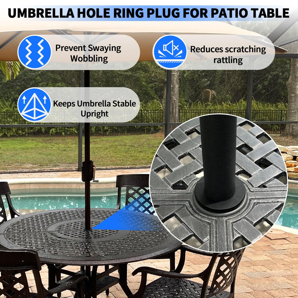 Dinlon protects glass patio tables from impact while keeping shade secure.