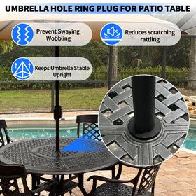 Dinlon protects glass patio tables from impact while keeping shade secure.