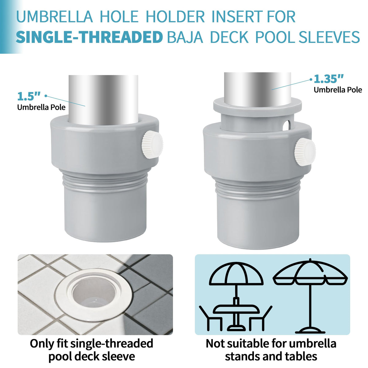Dinlon umbrella sleeve adapter fits 1.35 inch poles, keeping in pool umbrellas stable.