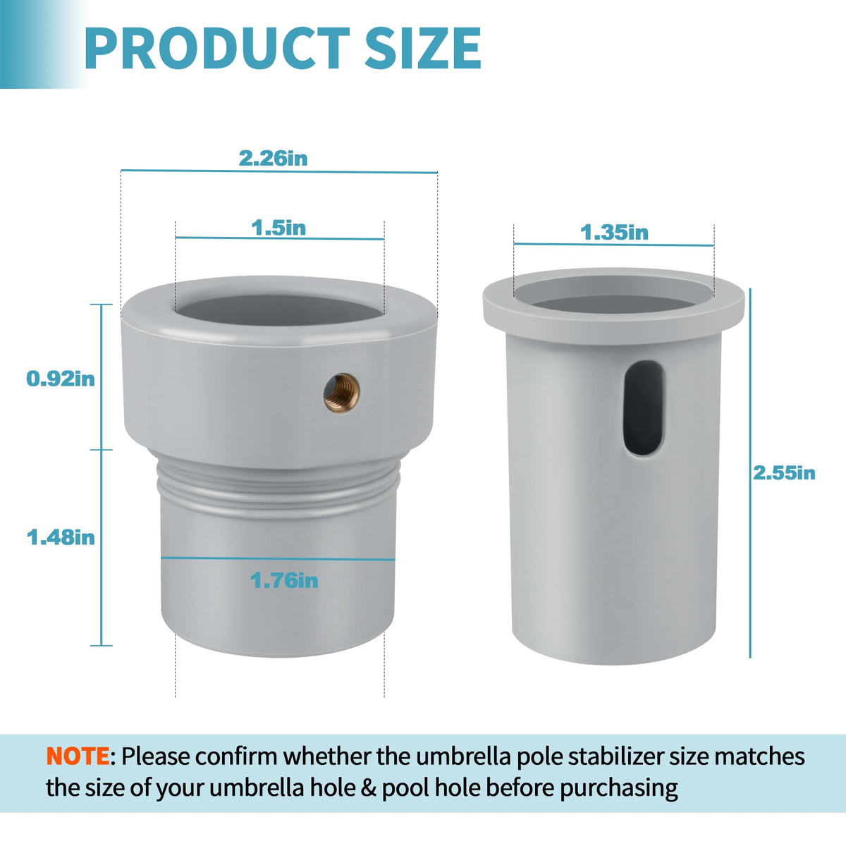 Dinlon umbrella sleeve adapter fits 1.5 inch poles for inside pool use.