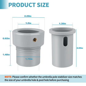 Dinlon umbrella sleeve adapter fits 1.5 inch poles for inside pool use.