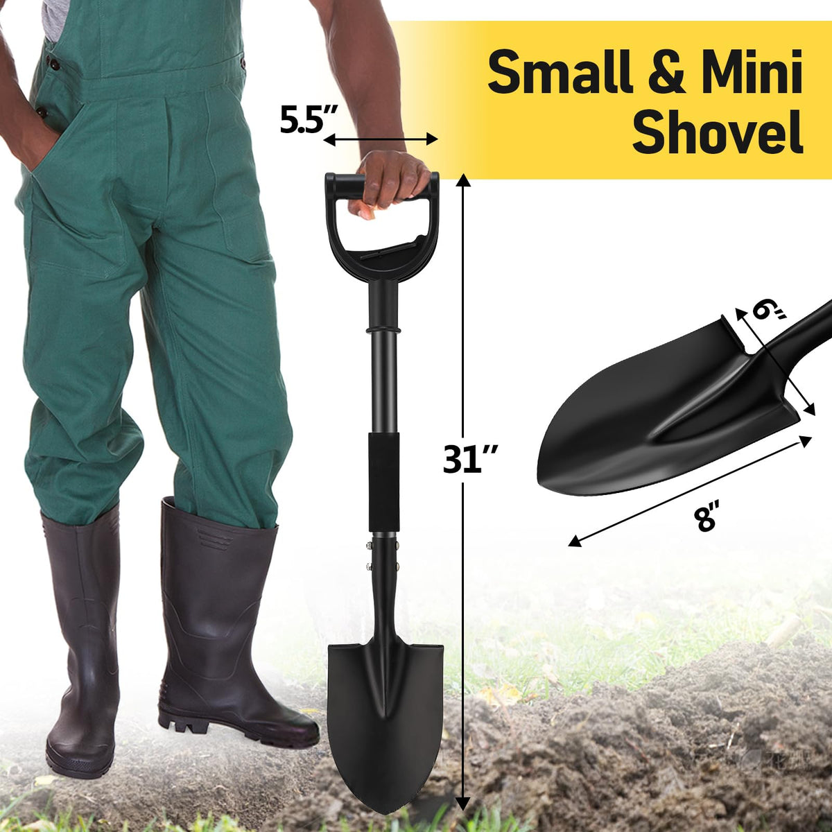 DIOVPLX curved-handle shovel highlights ergonomic grip for comfortable digging.