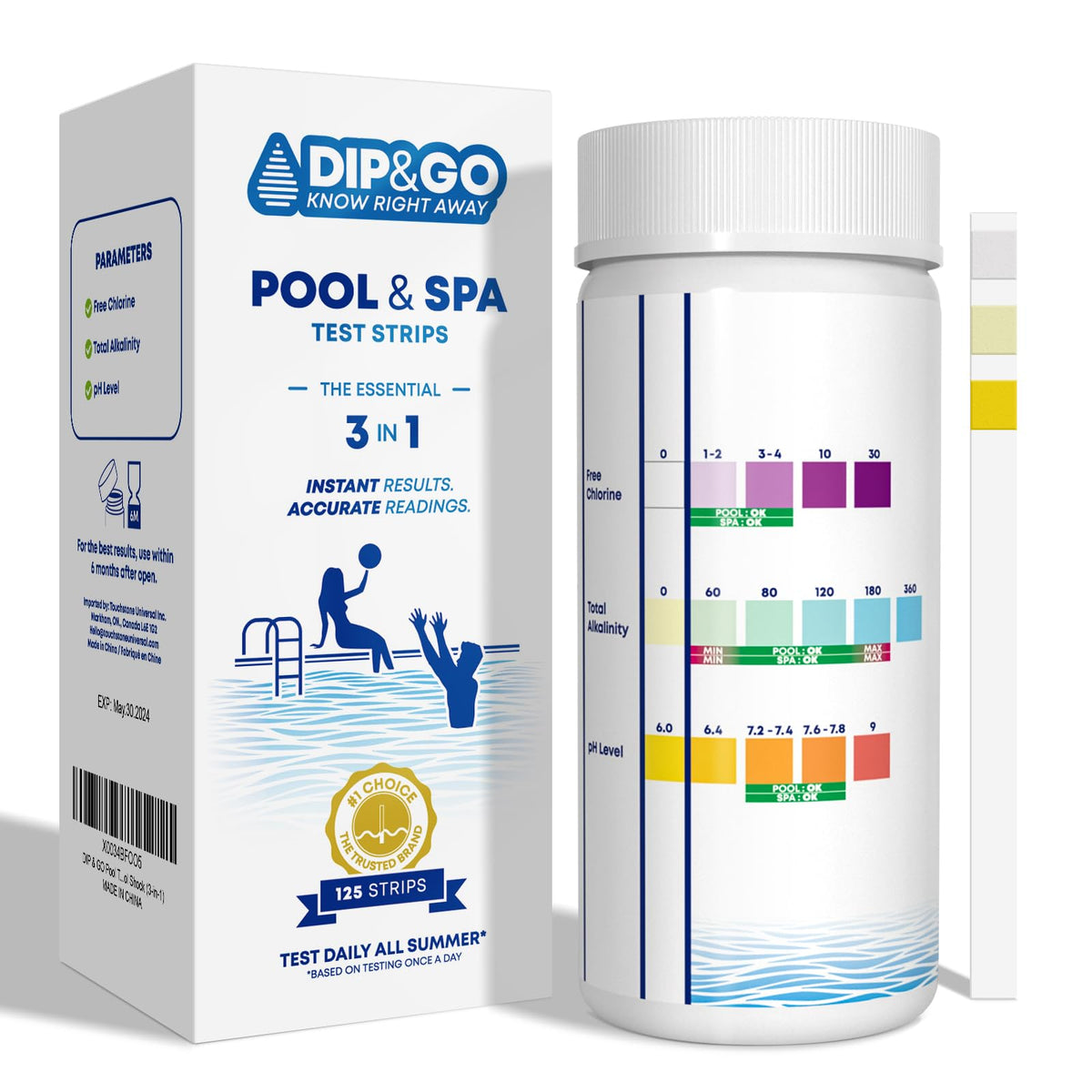 DIP&GO 3in1 test strip bottle pour shows quick pool and spa testing