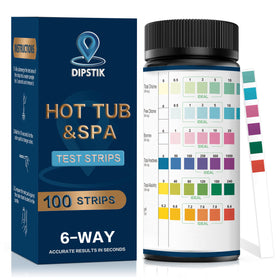 Dipstik pool test strips show six parameters with a clear color chart.