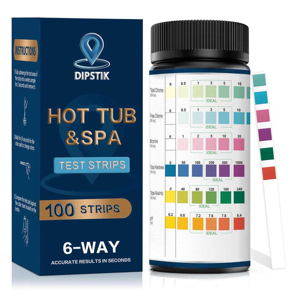 Dipstik pool test strips show six parameters with a clear color chart.