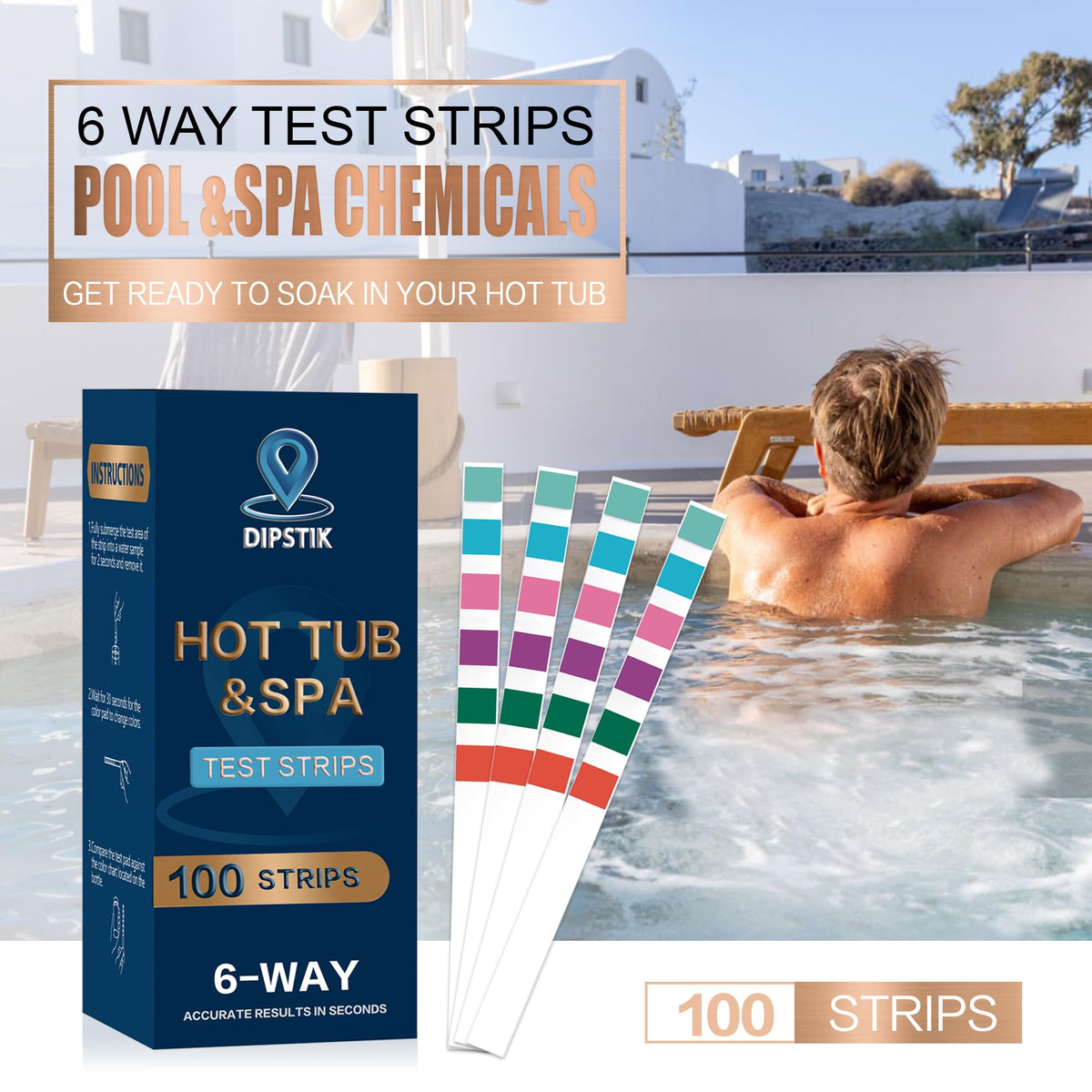 Dipstik 6-in-1 strips help monitor pH, hardness, and sanitizers conveniently.