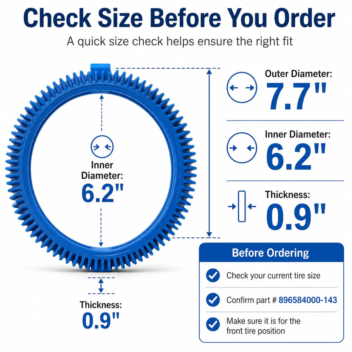 Discount Parts Direct front tire kit dimensions: diameter and thickness highlighted