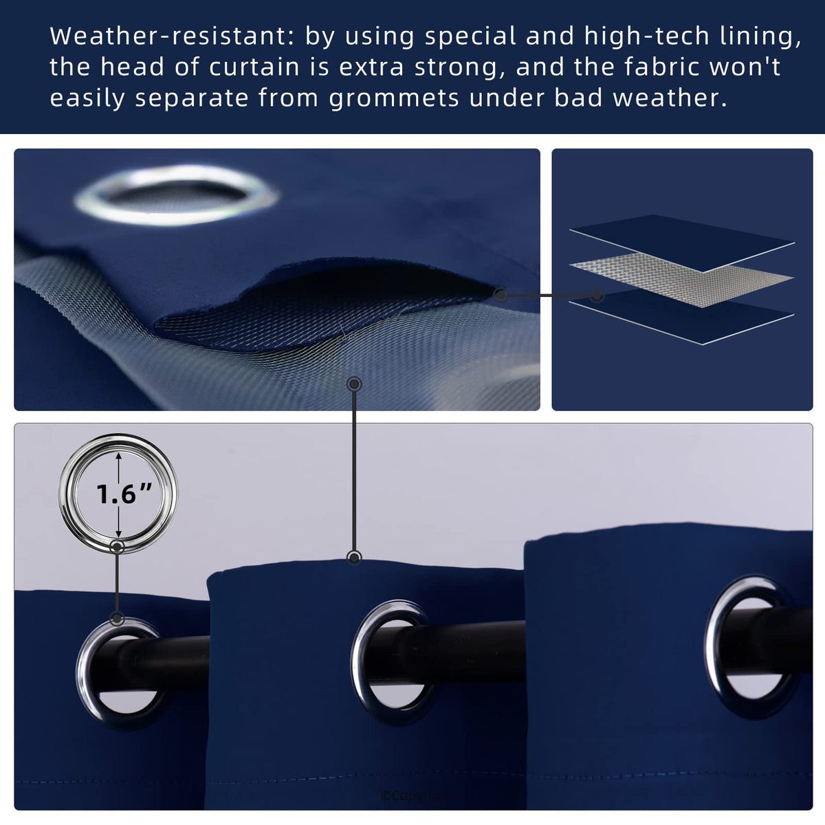 DIVA EN CAMINO DEC waterproof curtain navy grommet detail reveals rust-proof loops.