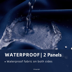 DIVA EN CAMINO DEC waterproof curtain navy hanging panel shows easy installation.