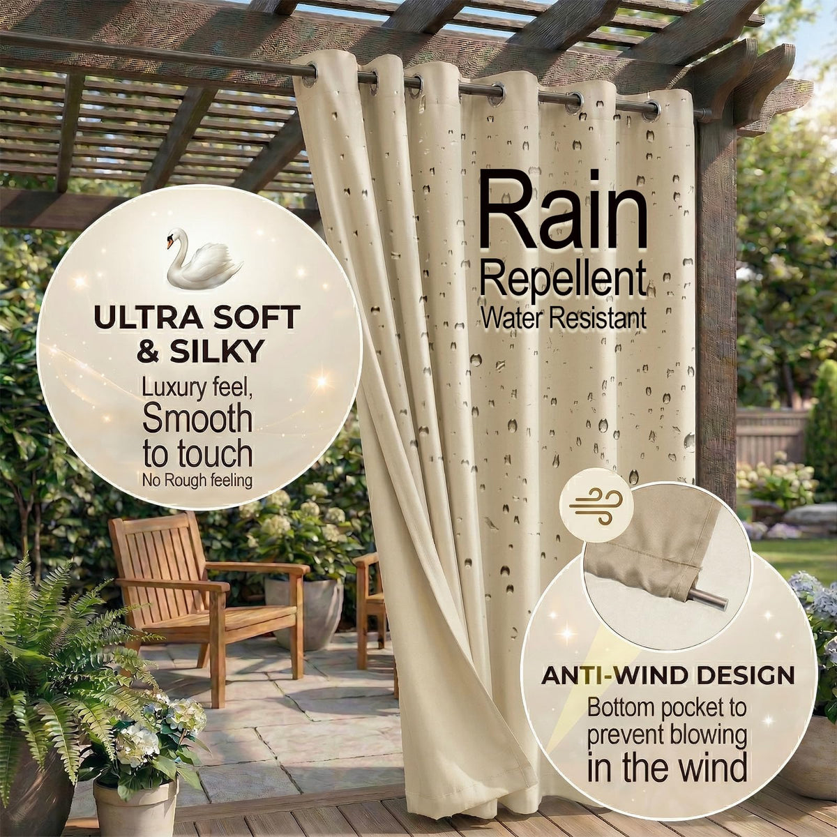DIVA EN CAMINO DEC sunlight-blocking curtain offers durable triple-weave fabric for privacy outdoors.
