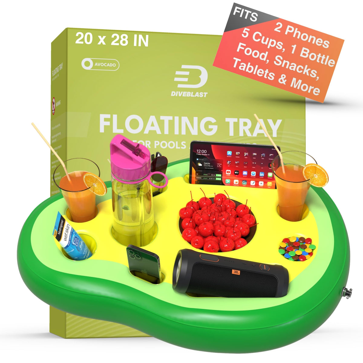 DIVEBLAST avocado floating drink holder keeps drinks within easy reach by the pool.