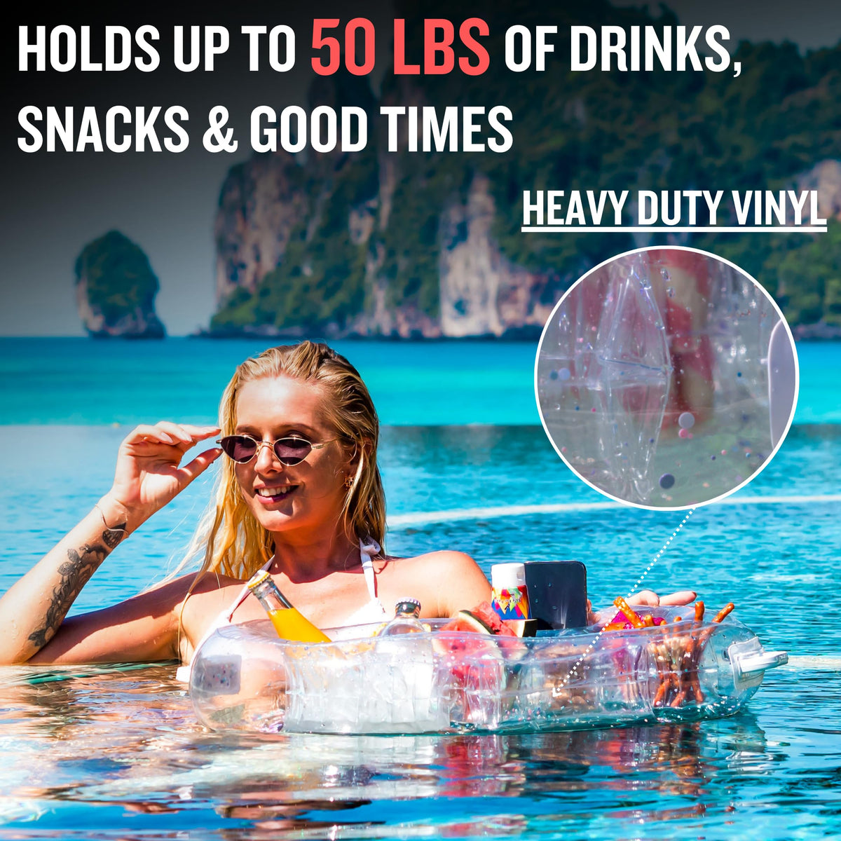 DIVEBLAST floating bar for pool provides a convenient party centerpiece and easy refreshment access.