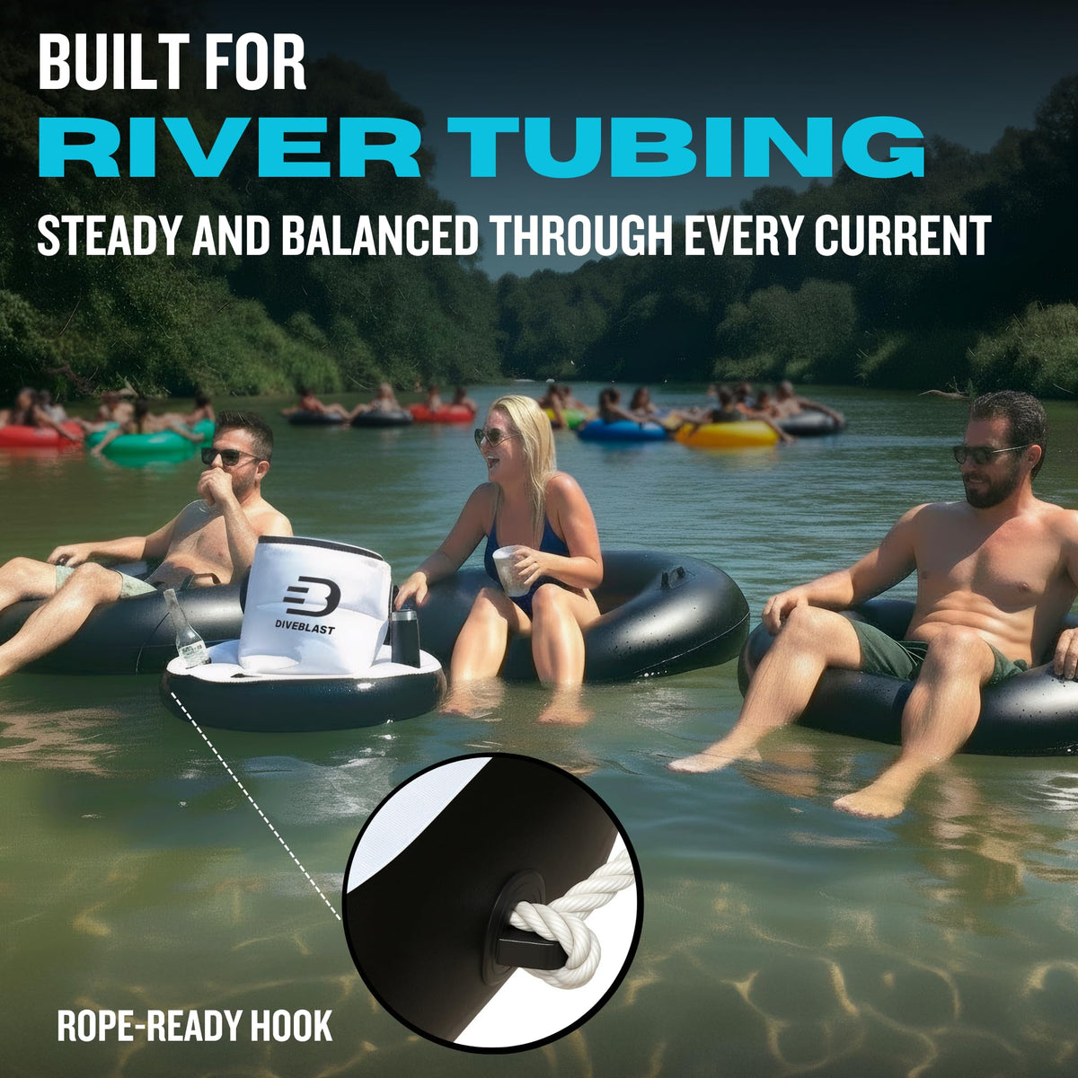 DIVEBLAST floating cooler used for pool and lake activities with hands-free refreshment.
