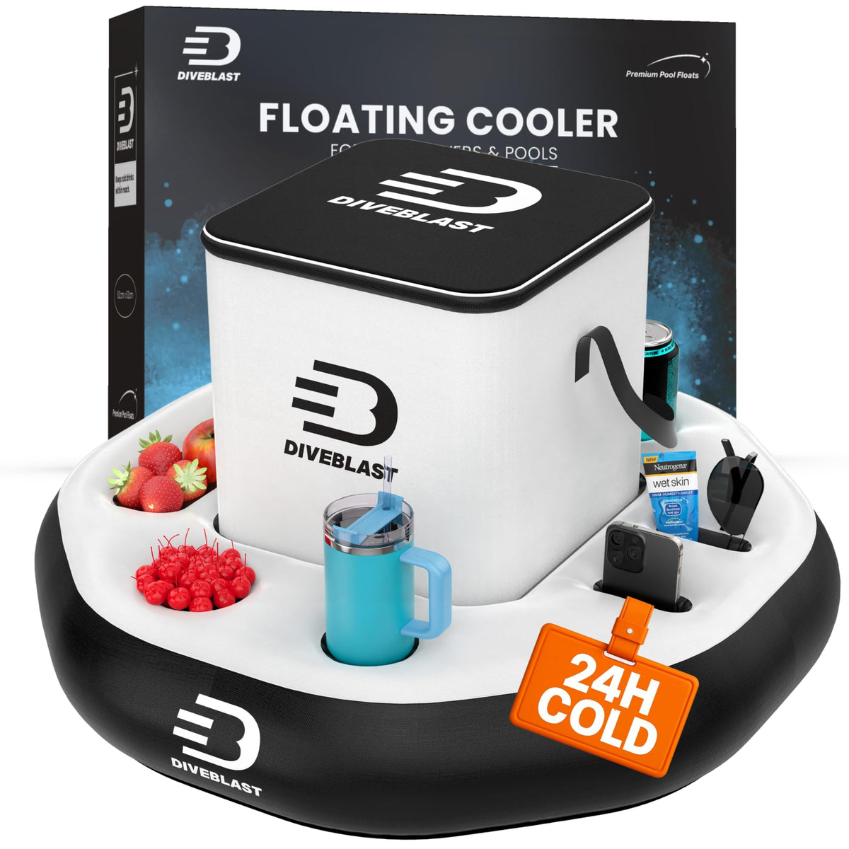 DIVEBLAST floating cooler poolside keeps drinks cold for hours.