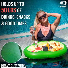 DIVEBLAST floating drink table for pool keeps snacks handy during sun-filled sessions.