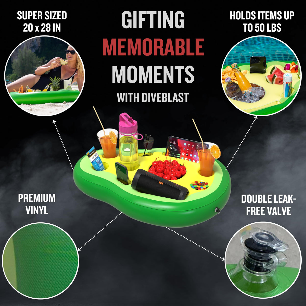 DIVEBLAST floating tray doubles as a casual centerpiece for outdoor gatherings.