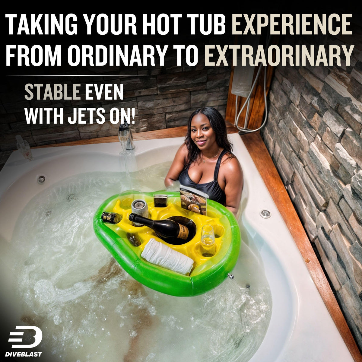 DIVEBLAST hot tub drink holder enhances relaxing soaks with beverages at arm's reach.