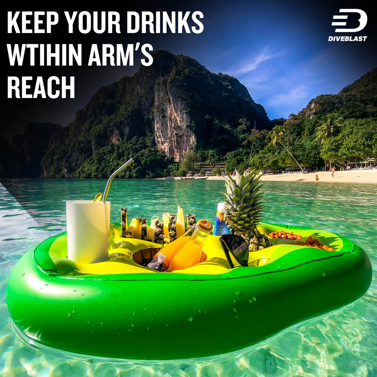 DIVEBLAST avocado float keeps beverages secure, reducing poolside trips.