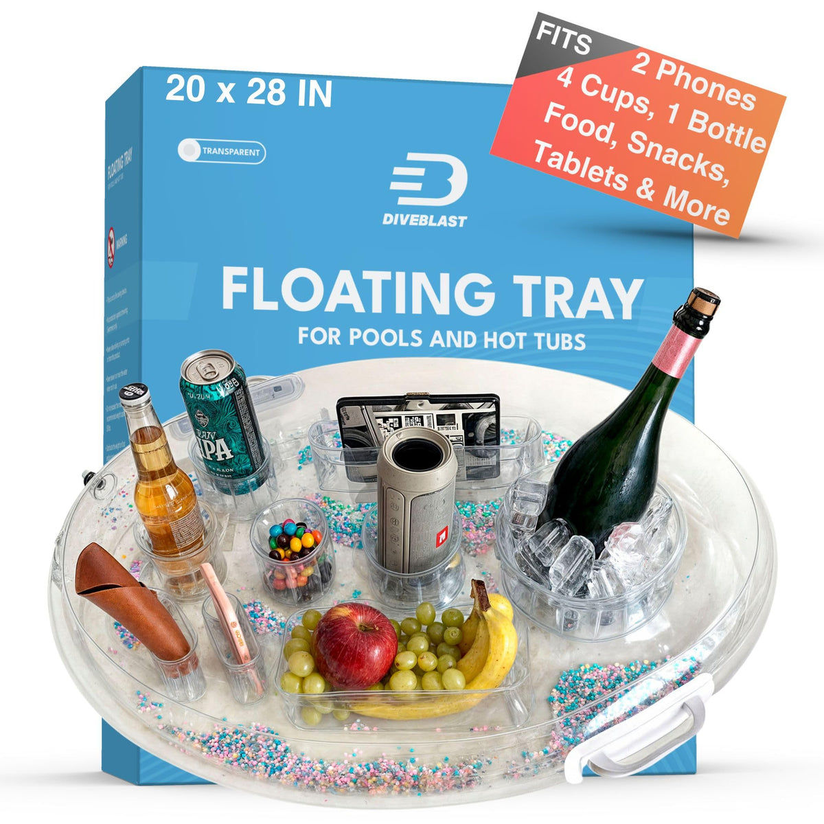DIVEBLAST transparent floating drink holder for pool keeps drinks within reach in sunny conditions.