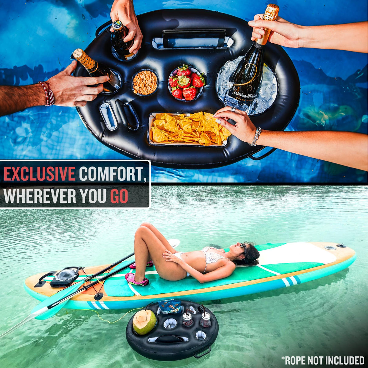 DIVEBLAST waterproof drink holder accessory simplifies poolside snacking.