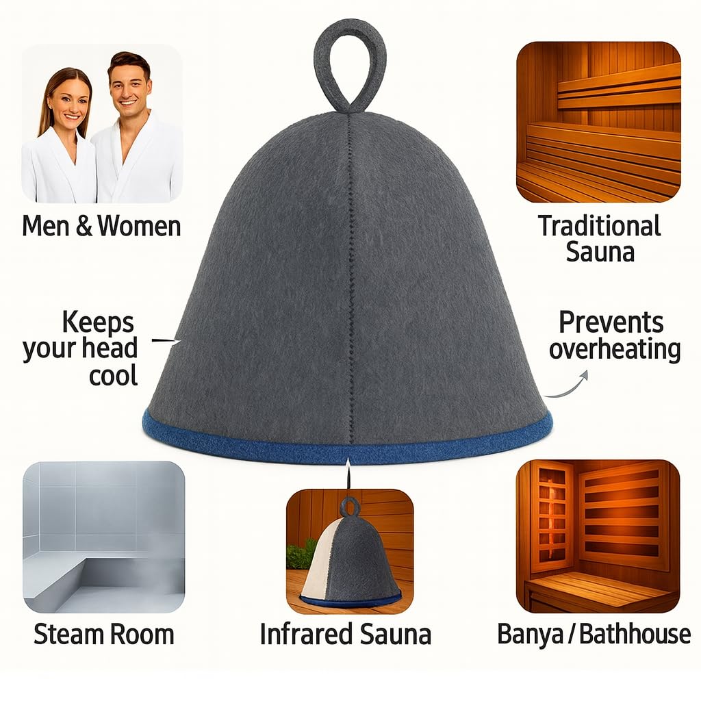 Divelux premium sauna hat grey-blue, worn on head, comfortable fit during sauna sessions