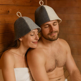 DIVELUX sauna hat worn in sauna for extended comfort.