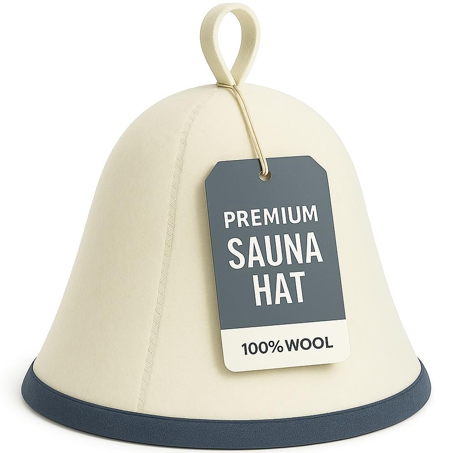 DIVELUX Premium Sauna Hat in natural wool, white and blue, front view protecting heat.