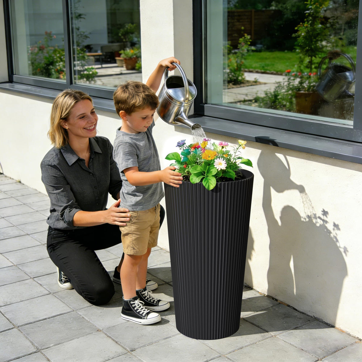 Diyfire tall planter close-up showing fluted texture and scratch-resistant surface