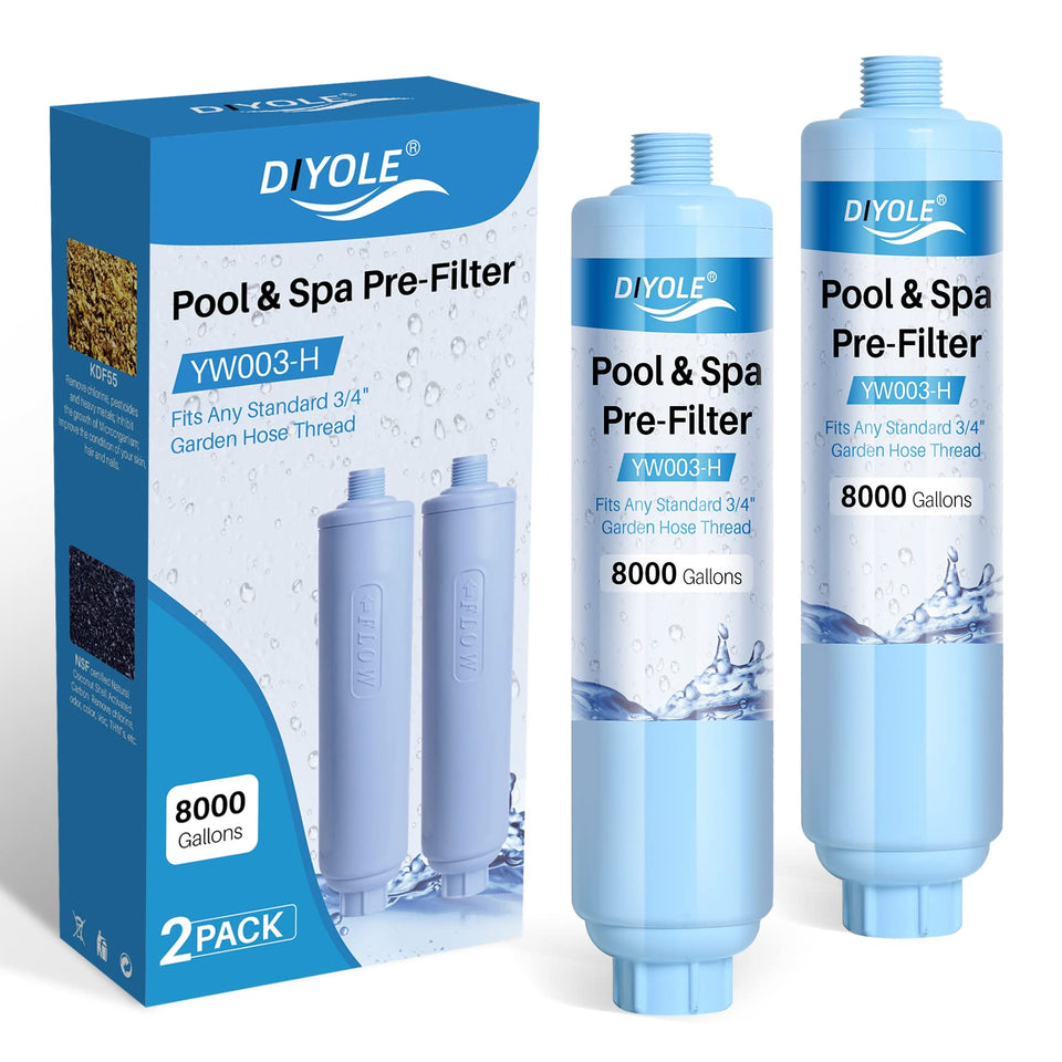 DIYOLE garden hose filter in use reduces sediments while filling a pool
