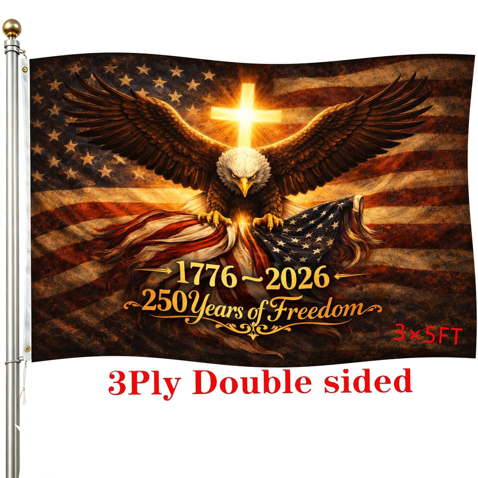 DKJOAZ 250th Anniversary flag fluttering in the front yard, built for outdoor use.