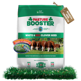 DLF Pasture Booster seed bag label shows premium clover mix for lush grazing pastures.