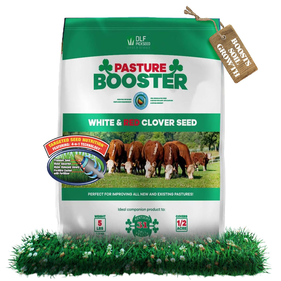 DLF Pasture Booster seed bag label shows premium clover mix for lush grazing pastures.